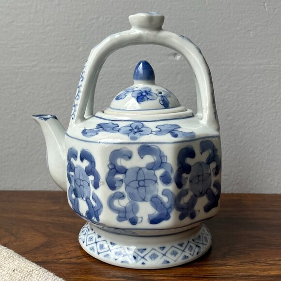Small Chinese Teapot Blue & White Porcelain Hand Painted Marking Hieroglyphs - Picture 1 of 15